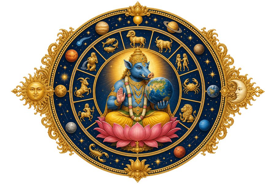 Vedic astrology zodiac mandala with Lord Varaha